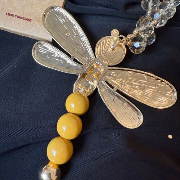 NWT Dragonfly Statement Necklace and Earrings Set Gold Tone Beads Crystals - Picture 9 of 12